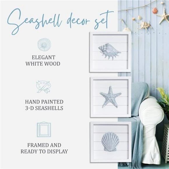 Coastal Seashell Starfish Wall Art Set Beach Bathroom Ocean Decor Framed - Picture 4 of 7